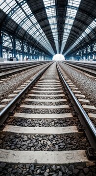 Long view down the parallel metal railway tracks stretching away under the high arched canopy of the platform roof structure, vintage, railway, public