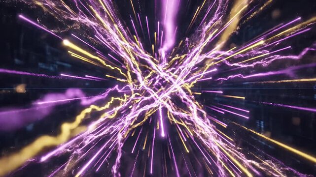Swirling purple and yellow light streaks create an abstract, energetic explosion