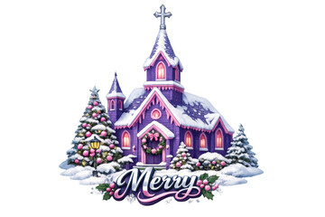 Fototapeta premium Christmas church drawing in purple color, offering a festive holiday greeting with snow and decorated trees