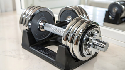 a detailed image of an adjustable dumbbell featuring sleek metal plates