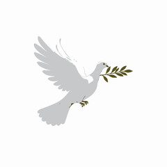 Obraz premium Illustration of a white dove gracefully flying with an olive branch in its beak symbolizing peace, harmony, and hope against a minimalist background