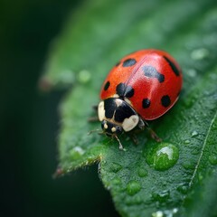 Fototapeta premium Close up of a ladybug on a green leaf, vivid red and green contrast, garden wildlife