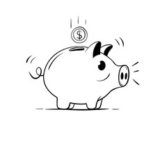 Obraz premium Piggy Bank Line Art Illustration – Hand Drawn Money Saving Concept with Coin Falling into Piggybank, Isolated on White Background