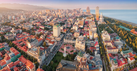 Batumi skyline stretching along the Black Sea coast with a prominent view of Europe Square and its architectural landmarks in Georgia