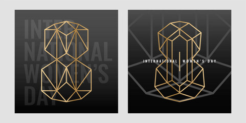 Gold Wireframe International Womens Day Poster Faceted Geometric Number 8 on Charcoal Gradient for Commemorative and CSR Branding