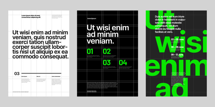 Systematic Editorial Grid Poster Set Black White Swiss Design with Neon Green Accents for Technical Specifications and Content Architecture