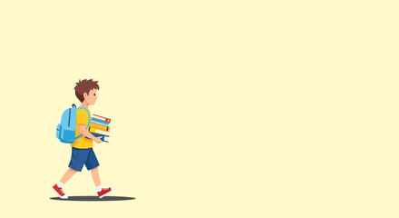Fototapeta premium Boy with backpack and books walking to school with determination.