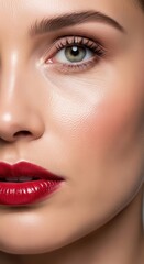 Naklejka premium Close-up portrait of young caucasian female with red lips and smooth skin highlighting makeup details