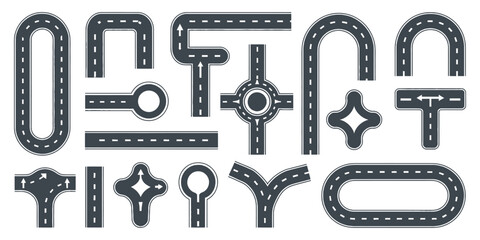 Obraz premium Street and Highway Road Vector Collection with Asphalt Paths in Top View, Featuring Urban and Rural Transportation Infrastructure, Lane Markings, City Winding Roads, Traffic Ways, and GPS Direction