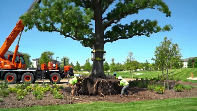 Tree Transplant Crane  Crew at Work.