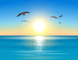 Naklejka premium Sea horizon, sunset, with birds flying in the warm, colorful sky over calm waters