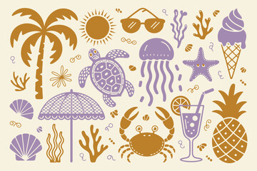 Summer Beach Vacation Illustration Set with Tropical Palm Tree, Sea Turtle, Crab, and Jellyfish. Colorful Retro Sun, Sunglasses, Ice Cream, and Ocean Coral Icons on Beige Background. © Raxzen