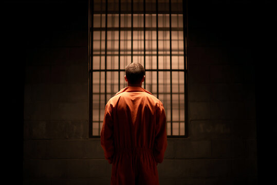 Back view of prisoner standing in cell, facing wall, quiet atmosphere.