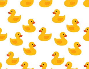 Seamless pattern of cartoon yellow rubber ducks on a white background, angled diversely
