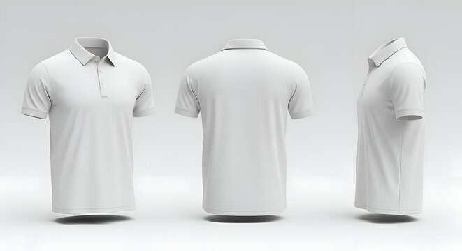 Three White Polo Shirts Displayed Front Back and Side View on Neutral Background