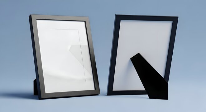 Two Black Picture Frames With Blank White Paper Against Blue Backdrop Studio Shot