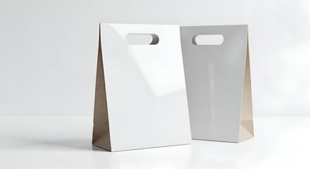 Two White Paper Bags with Brown Edges on White Surface