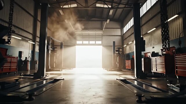 Sunlit garage bay with vehicle lifts, tool chests, and wisps of smoke