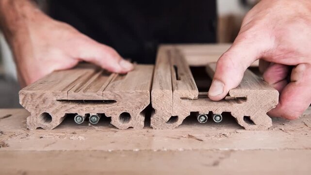 Skilled hands aligning dowel joints in a wooden table frame showcasing detailed wood grain and assembly techniques
