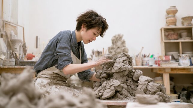 Female potters arranging the ceramic palette on wooden table3-vahid.jpeg, Female master making sculpture from clay