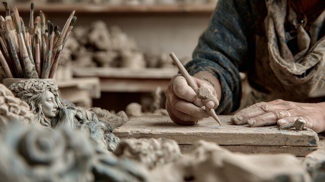 Female potters arranging the ceramic palette on wooden table3-vahid.jpeg, Female master making sculpture from clay