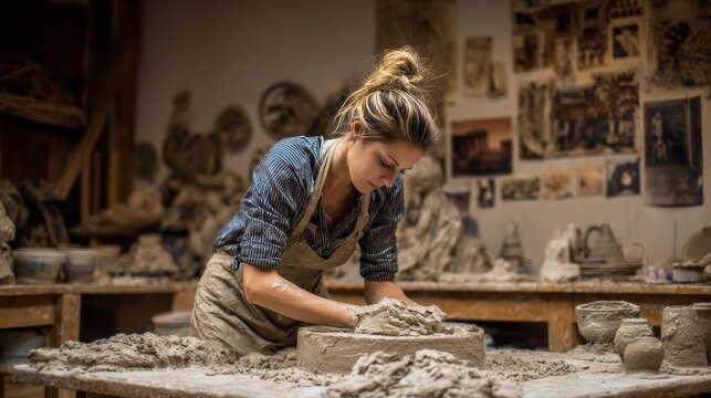 Female potters arranging the ceramic palette on wooden table3-vahid.jpeg, Female master making sculpture from clay
