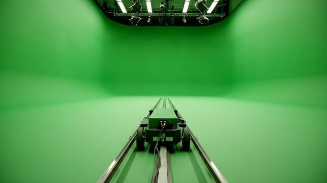 A dolly on rails in a studio with green screen and overhead lighting
