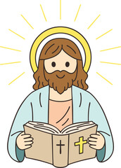 Cute Jesus Reading Bible Vector Illustration with Halo and Sun Rays