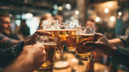 Obraz premium Group of friends cheering with beers in pub restaurant - Young people having fun drinking and toasting on happy hour at trendy bar - 