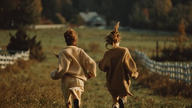 Two Women Running Through Countryside Field