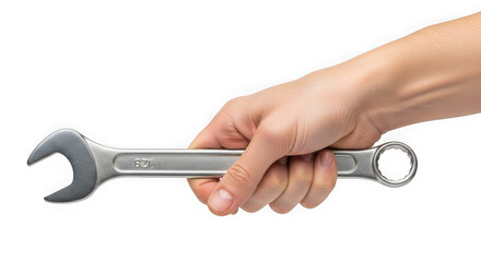 Obraz premium Close-up of a hand holding a chrome-colored wrench with a ratchet handle isolated on transparent background