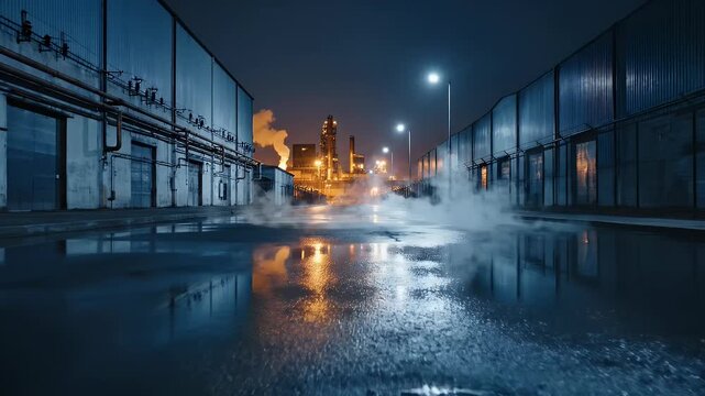 Industrial facility at night with steam rising from a manhole cover