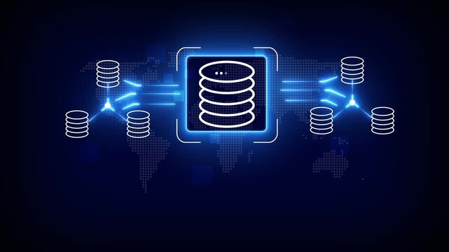 Engineer holding database icons, representing data integration, ETL processes, data pipelines, and centralized data warehouse solutions, Motion graphics of data connection concept