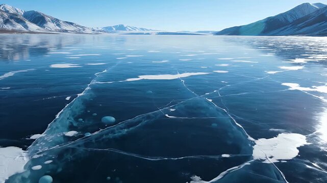 Vast, clear ice reflects mountains under a bright, cloudless sky