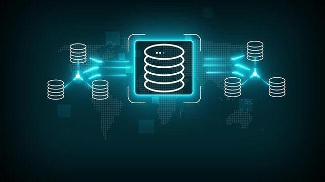 Engineer holding database icons, representing data integration, ETL processes, data pipelines, and centralized data warehouse solutions, Motion graphics of data connection concept