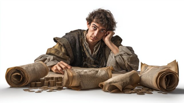 Matthew sitting at a tax table with scrolls, representing faith, calling, and transformation.