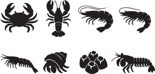 Premium Marine Crustacean Silhouette Icons Set: Black Vector Graphics of Crab, Lobster, Shrimp, and Sea Animals perfect for Seafood Menus, Restaurant Logos, and Ocean Branding Designs