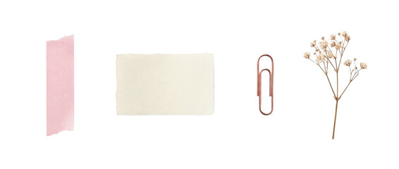 Pink washi tape strip, torn white paper note, rose gold paperclip and dried baby's breath isolated on transparent background. Minimal stationery collage elements for scrapbook and branding.