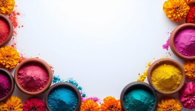 Holi Festival Background with Vibrant Colorful Powder in Clay Bowls and Marigold Flowers on White Background