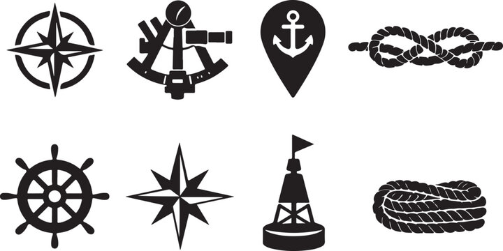 Nautical and Maritime Vector Icons Set - Black Silhouettes of Ship Wheel, Anchor, Compass Rose, Sextant, Buoy, and Sailor Knots for Sailing, Travel, and Adventure Design.