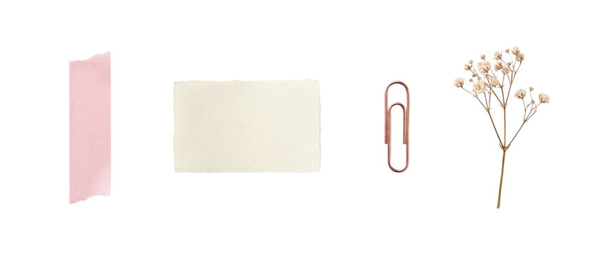 Pink washi tape strip, torn white paper note, rose gold paperclip and dried baby's breath isolated on transparent background. Minimal stationery collage elements for scrapbook and branding.