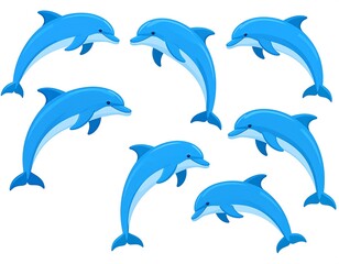 Fototapeta premium Seven cartoon dolphins jumping on a white background, facing different directions