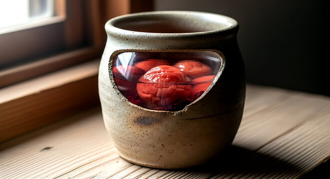 Wabi-sabi aesthetic. a handmade, irregular ceramic jar of homemade umeboshi (pickled plum), one plum peeking from the brine, the jar slightly stained 