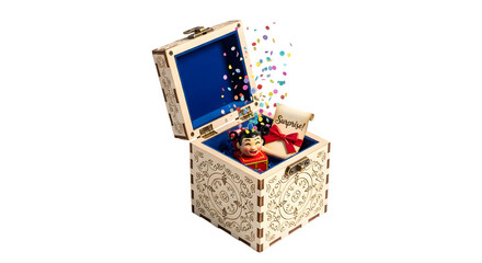 Obraz premium Decorative wooden treasure chest opening with colorful confetti and small gifts inside, isolated on transparent background