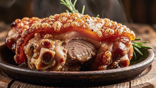 Crispy Roasted Pork Knuckle with Crackling Skin and Rosemary Garnish