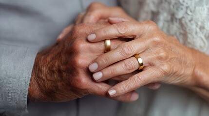 Close up of wrinkled elderly hands clasped, both with gold wedding bands, one in gray sleeve, other in white lace, soft light, muted tones, intimate and enduring.