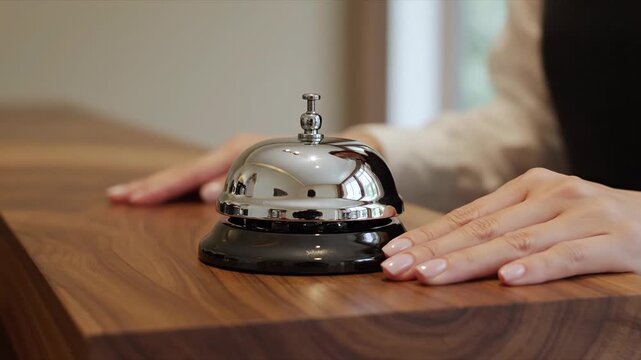 Customer rings service bell on wooden counter for assistance at reception desk