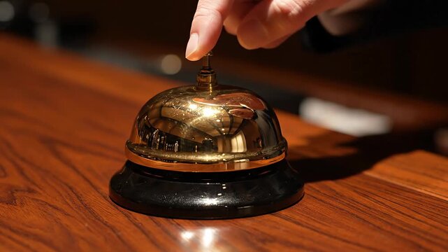 Customer Rings Service Bell on Wooden Counter for Assistance