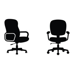 Fototapeta premium Two black office chairs with armrests and wheels in a simple illustration isolated on white background, Vector