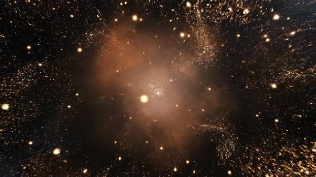 Deep space journey through a cluster of golden stars in a vast nebula exploration